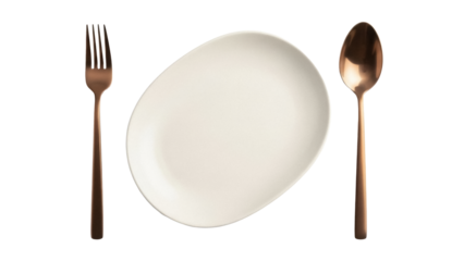 Elegant copper fork, plate, and spoon isolated PNG, modern tableware set for dining and kitchen design on transparent background