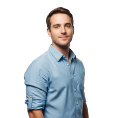 Young Professional Man in Light Blue Shirt on Black Background