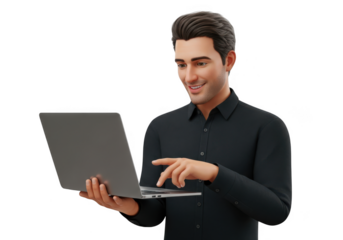 3d professional man character using laptop isolated on transparent background