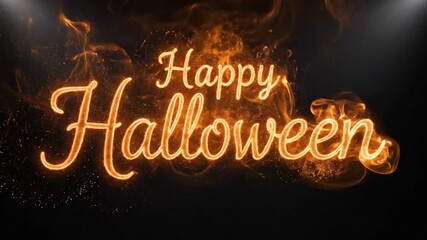 Dynamic glowing orange text 'Happy Hallow' with fiery particles on a dark background