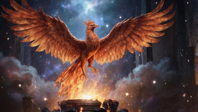 Majestic Phoenix Rises from Flames in Cosmic Setting.