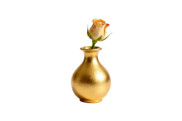 Elegant golden vase cradling a single delicate rose bloom isolated on a deep transparent canvas