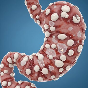 Stomach with Fungal Gastritis (Masses):  stomach's inner wall covered with white, raised, plaque-like lesions and masses, symbolizing fungal (e.g., Candidal) gastritis. Blue background