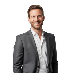 Confident young businessman in suit smiling against black background