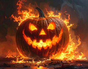 Carved jack-o'-lantern engulfed in flames, glowing eerily