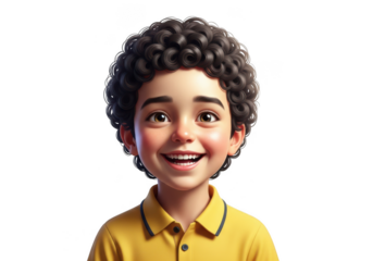 Smiling cartoon boy with curly hair isolated on transparent background