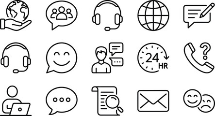 Customer support and communication outline icon set with chat, helpdesk, call center, feedback, global service and 24 hour support