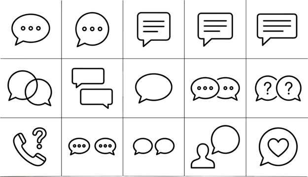 Chat and communication outline icon set with message bubbles, conversation, support, question, feedback, and social interaction symbols