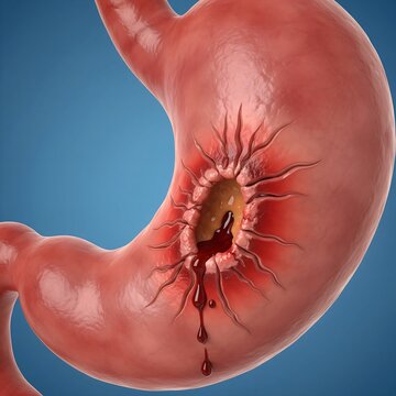 Stomach with Perforated Ulcer: stomach wall showing a clear, deep hole (perforation) where a gastric ulcer has fully breached the wall, leading to leakage. Blue background