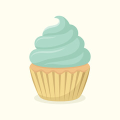 Cute delicious cupcake with pistachio cream. Dessert vector illustration.