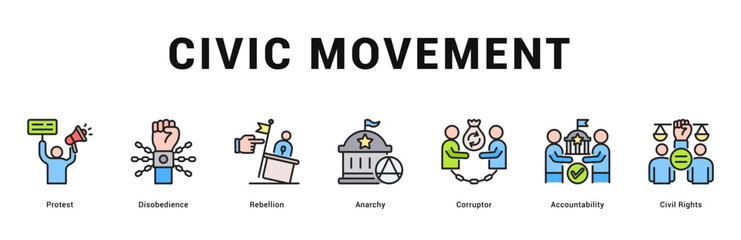 Civic Movement Modern and clean web banner illustration featuring thematic icons for visual communication