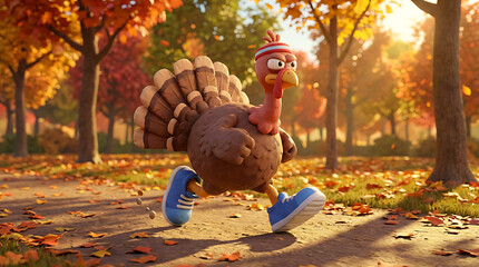 Turkey sport cartoon character in autumn park