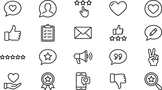 Social media feedback and interaction outline icon set with like, comment, rating, review, message, notification symbols