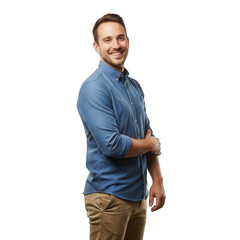Confident young man in blue shirt and khaki pants standing against black background with a charming smile.
