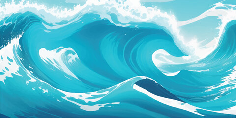 Vector illustration of a blue sea wave background featuring a summer ocean landscape with nature design elements like the sun and beach

