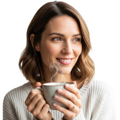 Woman Enjoying a Cup of Coffee or Tea with a Smile