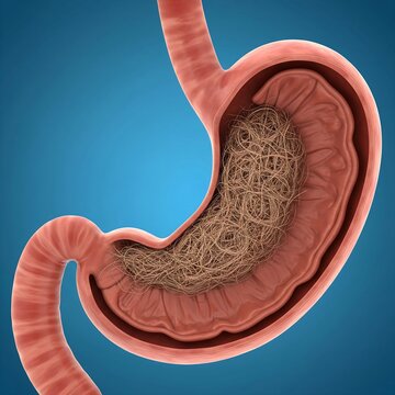 Stomach with Bezoar Formation: stomach containing a large, tangled, and compact mass of undigested material (hair or vegetable fiber), symbolizing a bezoar that is causing an obstruction. Blue backgro