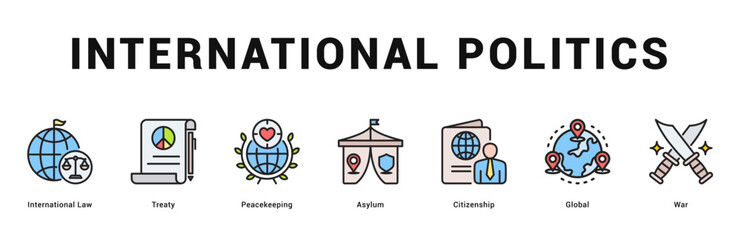 International Politics Modern and clean web banner illustration featuring thematic icons for visual communication
