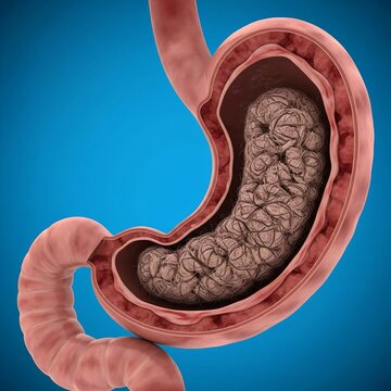 Stomach with Bezoar Formation: stomach containing a large, tangled, and compact mass of undigested material (hair or vegetable fiber), symbolizing a bezoar that is causing an obstruction. Blue backgro