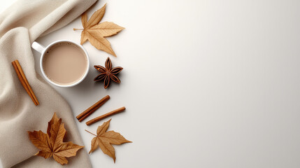 Autumn coffee flat lay with cup, cinnamon sticks, star anise and dry leaves on light background. Cozy seasonal composition with copy space for food and lifestyle design.
