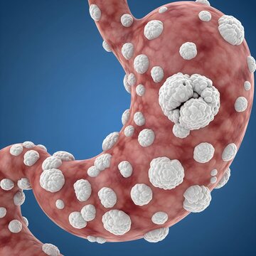 Stomach with Fungal Gastritis (Masses):  stomach's inner wall covered with white, raised, plaque-like lesions and masses, symbolizing fungal (e.g., Candidal) gastritis. Blue background