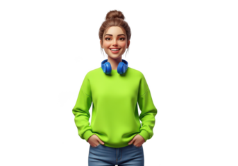 Smiling woman avatar with headphones and neon green sweatshirt isolated on transparent background