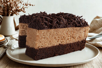 A slice of layered chocolate brownies on a white plate with a rich, mocha mousse filling and dark chocolate topping on a rustic wooden table.
