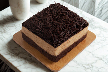 A layered chocolate brownie cake with a rich, mocha-flavored middle layer, topped with chocolate sprinkles, on a wooden board against a marble background.