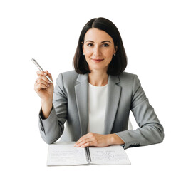 Businesswoman with pen and notebook on black background, looking professional and confident.