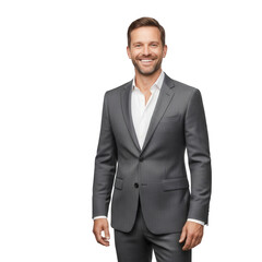 Confident businessman in gray suit and white shirt standing against black background, smiling at camera.