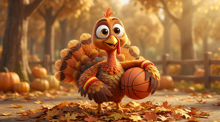 Turkey sport cartoon character in autumn park
