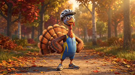 Turkey sport cartoon character in autumn park