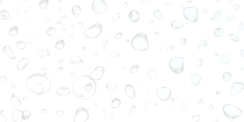 Close-up macro of clear blue rain droplets and water condensation bubbles on a transparent glass window surface texture