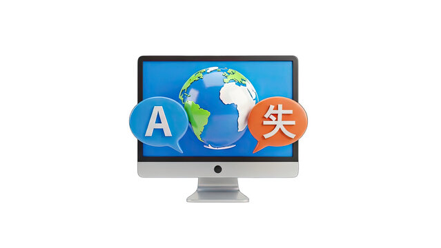 Computer with Globe and Language Translation Bubbles