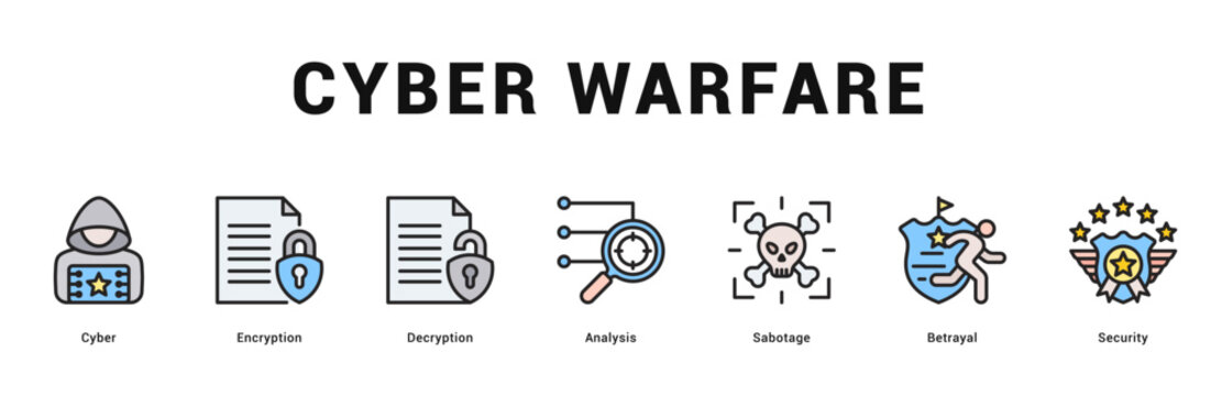 Cyber Warfare Modern and clean web banner illustration featuring thematic icons for visual communication