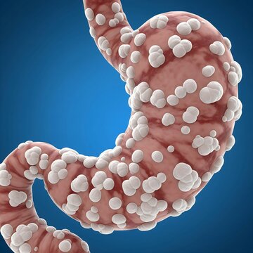 Stomach with Fungal Gastritis (Masses):  stomach's inner wall covered with white, raised, plaque-like lesions and masses, symbolizing fungal (e.g., Candidal) gastritis. Blue background