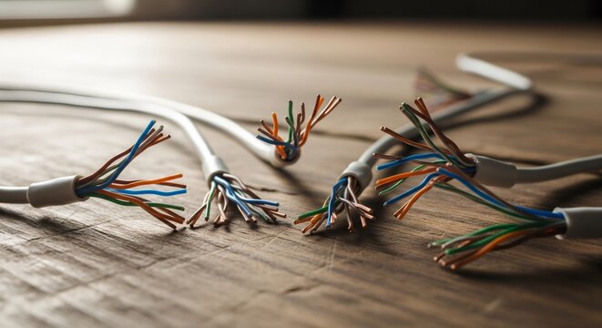 Stripped Ethernet Cables on Wooden Table Awaiting Installation
