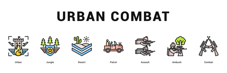 Urban Combat Modern and clean web banner illustration featuring thematic icons for visual communication