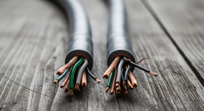 Stripped Electrical Wires on Rustic Wooden Surface Close-up