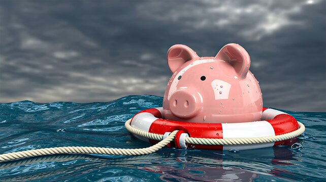 Piggy bank floating in water with lifebuoy representing financial rescue
