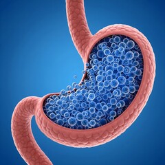 Fototapeta premium Stomach with Zollinger-Ellison Syndrome (Over-secretion): stomach highly magnified with excessive parietal cells actively secreting massive amounts of acid droplets, symbolizing Zollinger-Ellison Syn