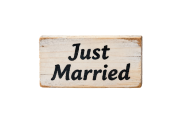 Handcrafted wooden sign proudly announcing matrimony for newlyweds isolated on transparent