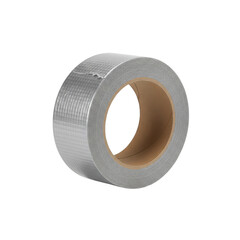Heavy-duty silver duct tape roll isolated on a stark transparent background for utility
