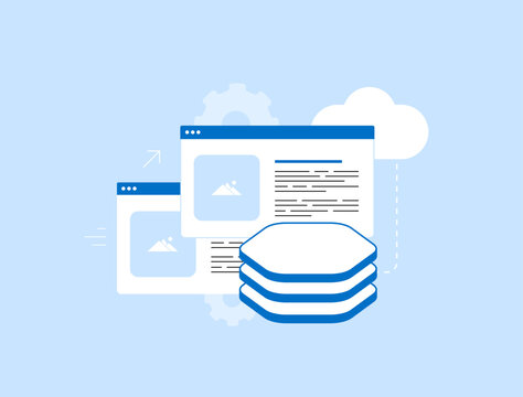 Website migration with seo redirect and 301 status for site transfer and ranking protection. Website migration with cloud hosting https security and traffic tracking vector illustration