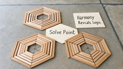 Wooden geometric puzzle pieces arranged on a surface with motivational signs promoting harmony and logic in problem-solving