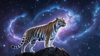 Majestic Tiger Standing on Rock Under Starry Nebula Sky.