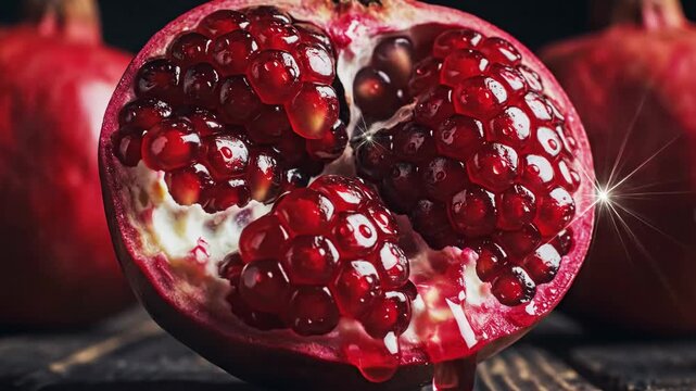 A vibrant, halved pomegranate with glistening jewel-like arils rests on a dark wooden surface, inviting culinary exploration.
