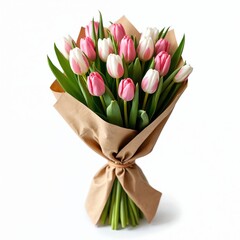 Fresh pink and white tulips bouquet wrapped in brown paper tied with string. Natural spring flowers arrangement isolated on white background. Simple elegant floral gift for celebration or love. © Pete