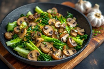 garlic mushroom and bok choy stir-fry in a bowl