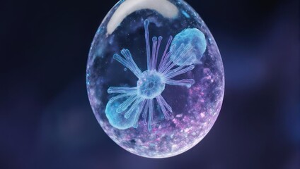 Microscopic View of a Luminous Cell Structure with Tentacles.